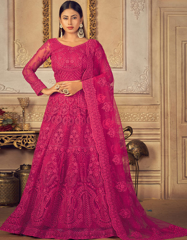Rani Pink Net With Banglori Silk Lehenga Choli