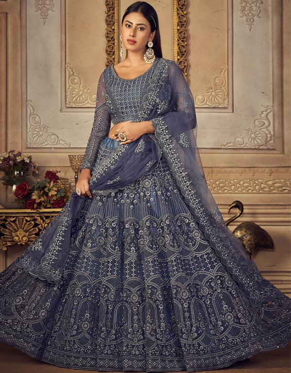 Dark Pastel Blue Net With Banglori Silk Lehenga Choli