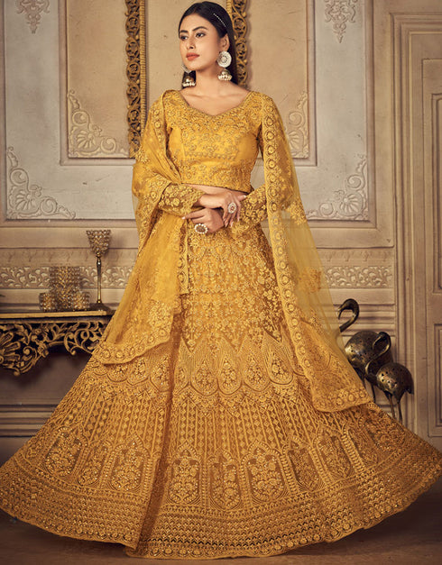 Mustard Net With Banglori Silk Lehenga Choli