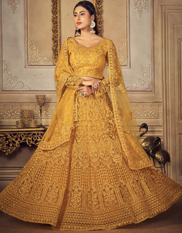 Mustard Net With Banglori Silk Lehenga Choli