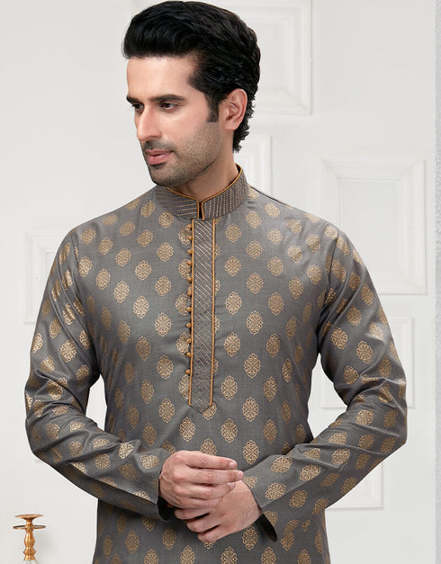 Grey Kurta Cotton Printed Churidar Closure View