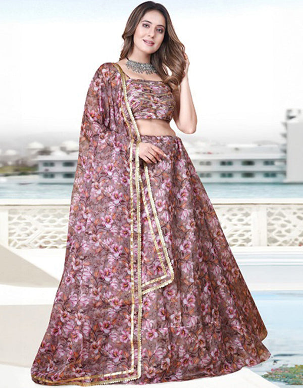 Traditional Party Wear Heavy Lehenga Choli Light Mauve Teby Organza Lehenga Choli Front View