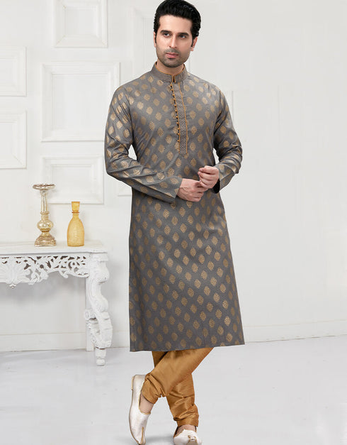 Grey Kurta Cotton Printed Churidar
