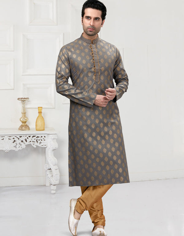 Grey Kurta Cotton Printed Churidar