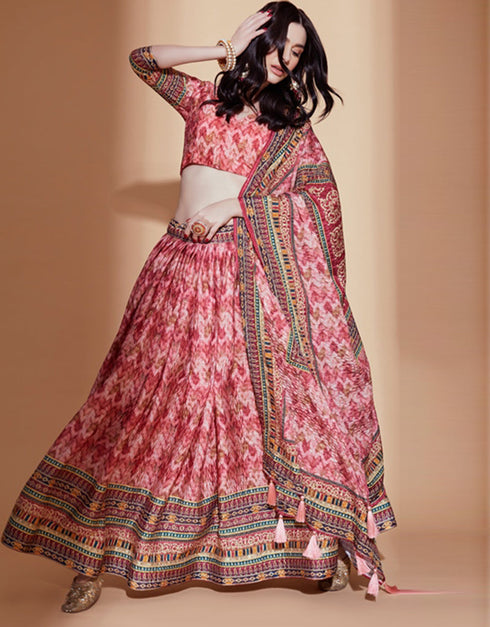 Exquisite Crochet Embroidered Lehenga Choli Collection Peach Chinon Lehenga Choli Back View