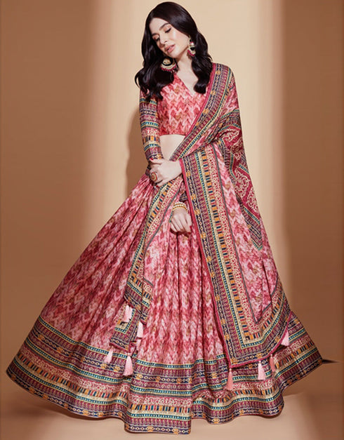 Exquisite Crochet Embroidered Lehenga Choli Collection Peach Chinon Lehenga Choli Front View