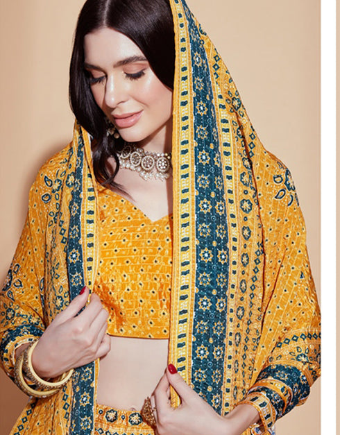 Exquisite Crochet Embroidered Lehenga Choli Collection Mustard Chinon Lehenga Choli Back View