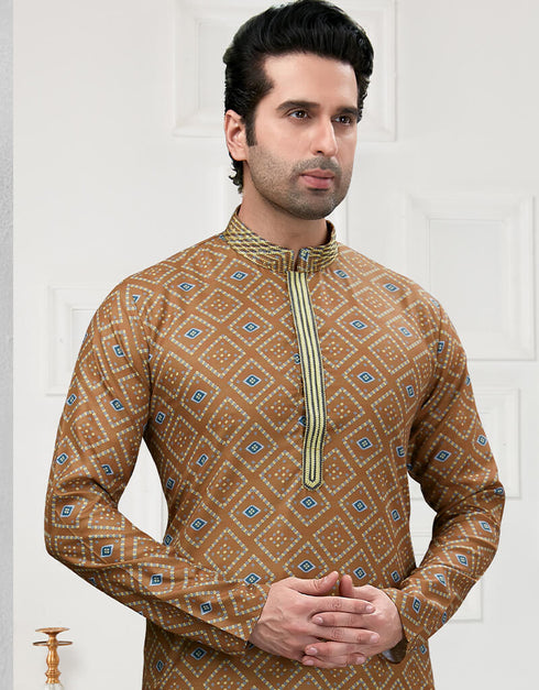 Light Brown Kurta Cotton Printed Churidar Closure View