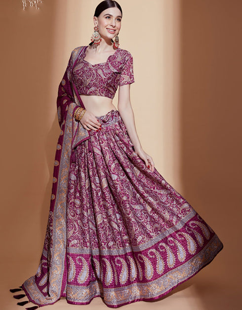 Exquisite Crochet Embroidered Lehenga Choli Collection Purple Chinon Lehenga Choli Close-up View