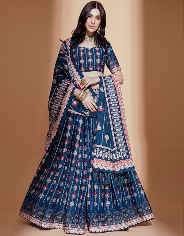 Exquisite Crochet Embroidered Lehenga Choli Collection Blue Chinon Lehenga Choli Front View