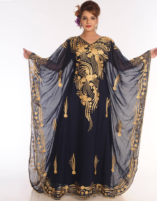 Women Black Georgette Hand Embroidery Party Wear Kaftan