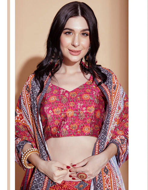 Exquisite Crochet Embroidered Lehenga Choli Collection Rani Pink Chinon Lehenga Choli Close-up View