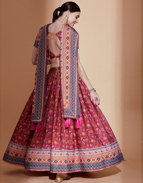 Exquisite Crochet Embroidered Lehenga Choli Collection Rani Pink Chinon Lehenga Choli Back View