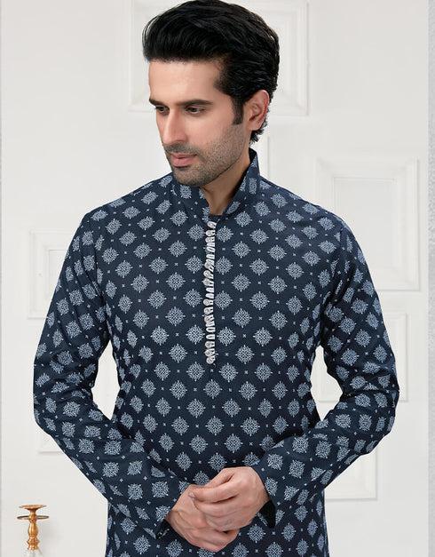 Navy Blue Kurta Cotton Printed Churidar Closure View