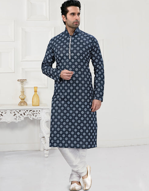 Navy Blue Kurta Cotton Printed Churidar