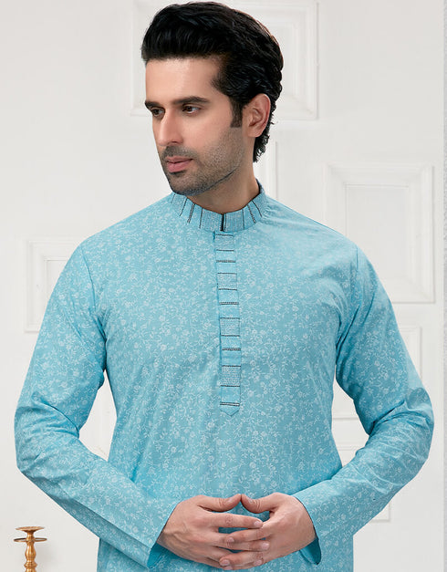 Sky Blue Kurta Cotton Printed Churidar Closure View