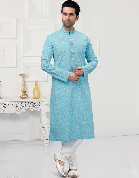 Sky Blue Kurta Cotton Printed Churidar