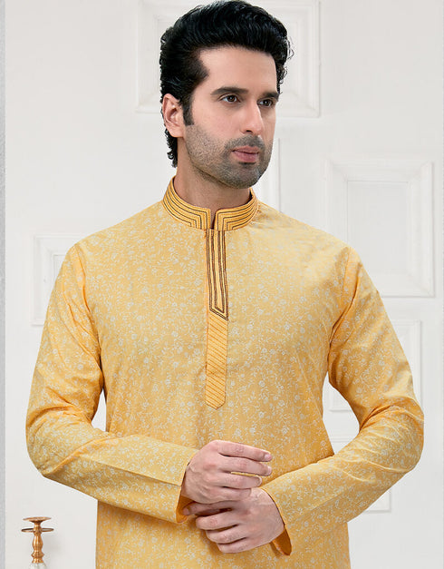 Light Yellow Kurta Cotton Printed Churidar Closure View