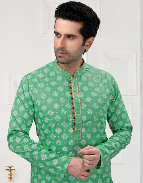 Pastel Green Kurta Cotton Printed Churidar Closure View