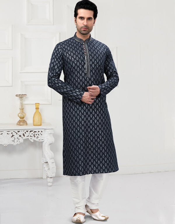 Navy Blue Kurta Cotton Printed Churidar