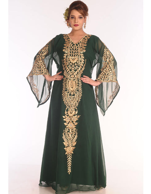 Chic Bottle Green Georgette Hand Embroidery Party Wear Kaftan