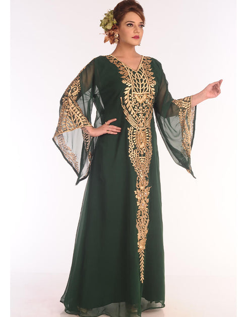 Chic Bottle Green Georgette Hand Embroidery Party Wear Kaftan