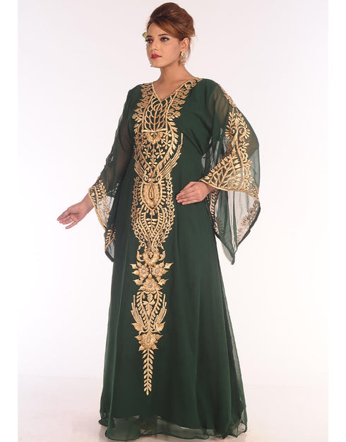Chic Bottle Green Georgette Hand Embroidery Party Wear Kaftan