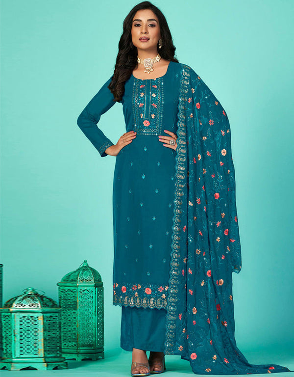 Teal Blue Organza Pant Straight