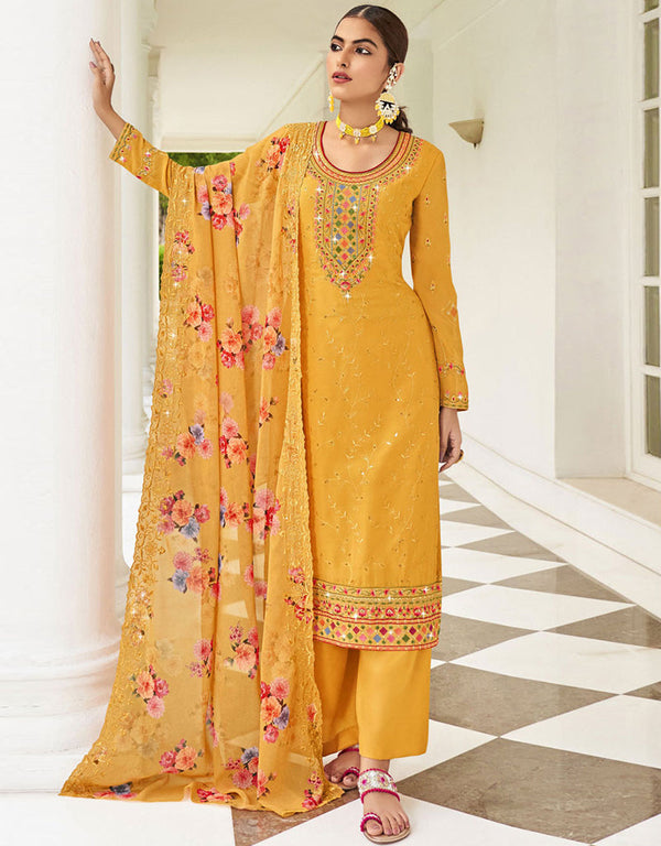 Mustard Faux Georgette Pant Straight