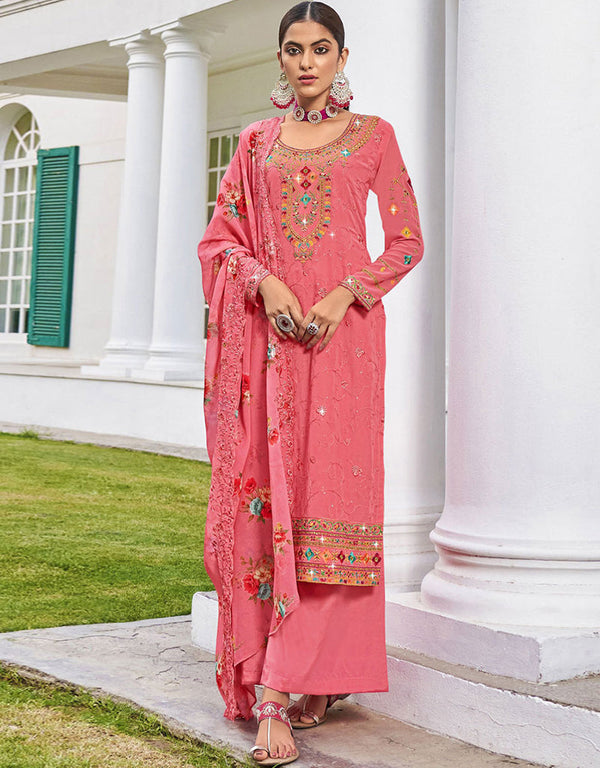 Pink Faux Georgette Pant Straight