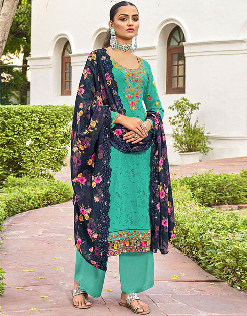 Turquoise Faux Georgette Pant Straight