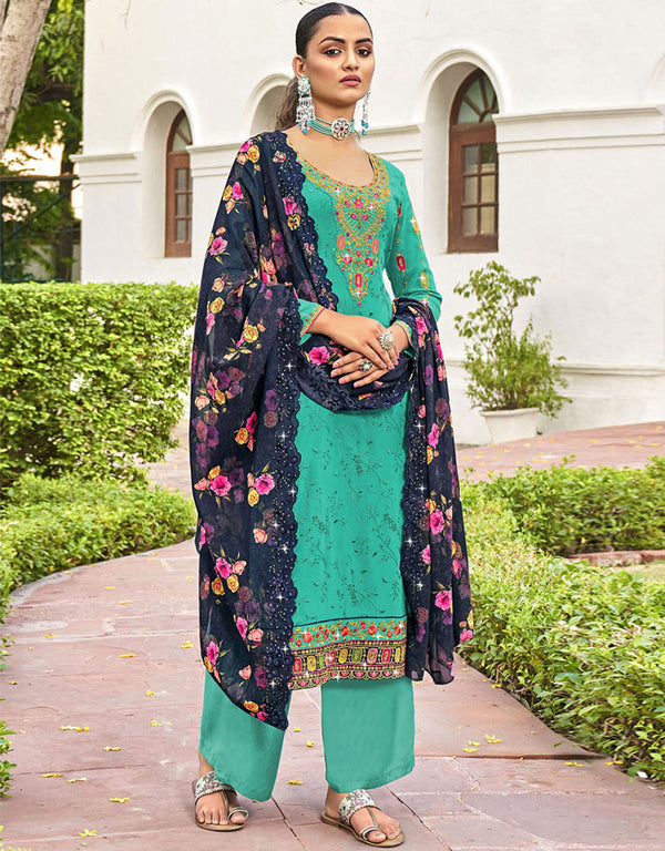 Turquoise Faux Georgette Pant Straight