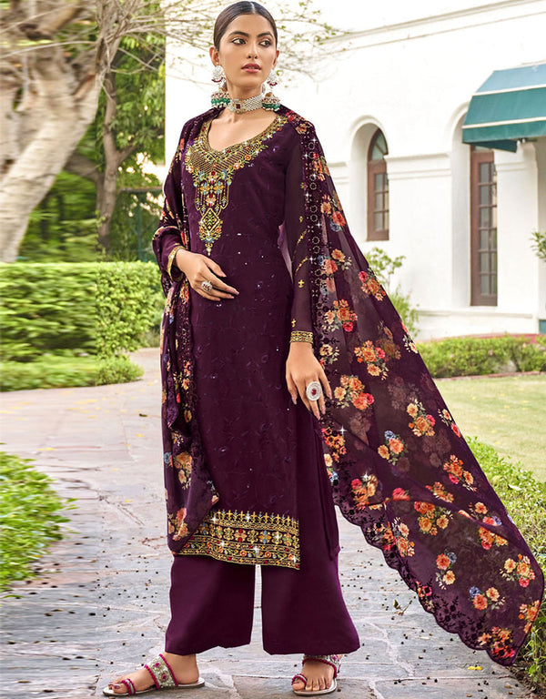 Wine Faux Georgette Pant Straight