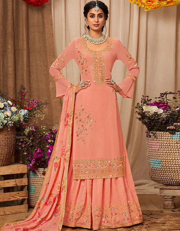 Peach Faux Georgette Lehenga Straight