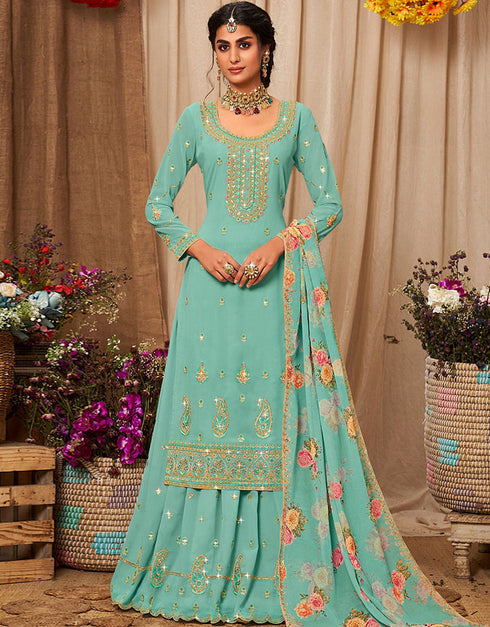 Turquoise Faux Georgette Lehenga Straight