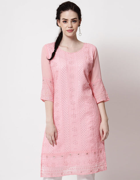 Pink Georgette Pant Straight Closure View
