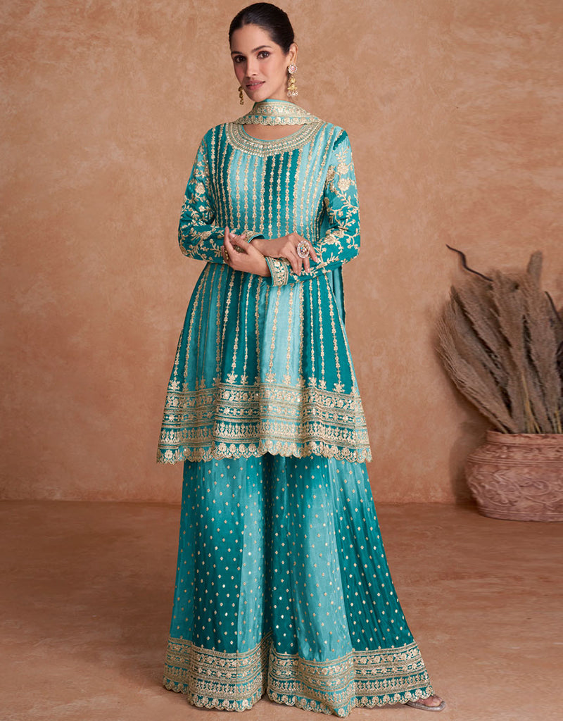 Women Teal Blue Designer Chinon Embroidered Palazzo Suit