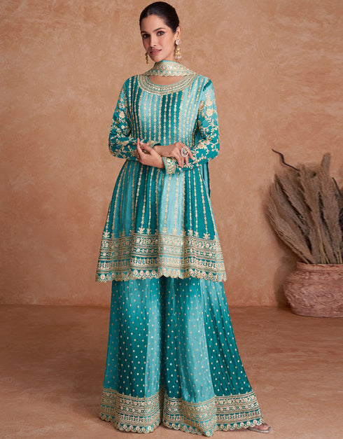Teal Blue Real Chinon Palazzo Suit
