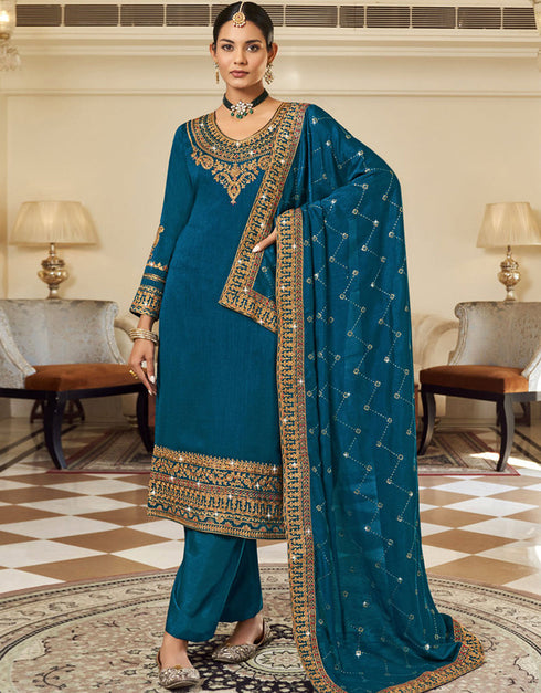 Teal Blue Pure Vichitra Pant Straight