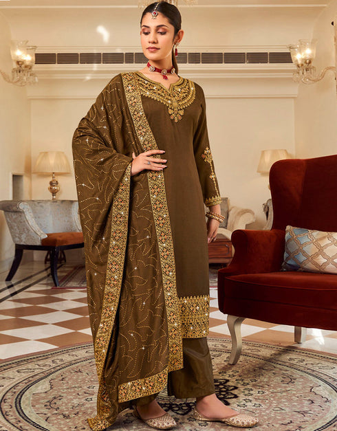 Brown Pure Vichitra Pant Straight