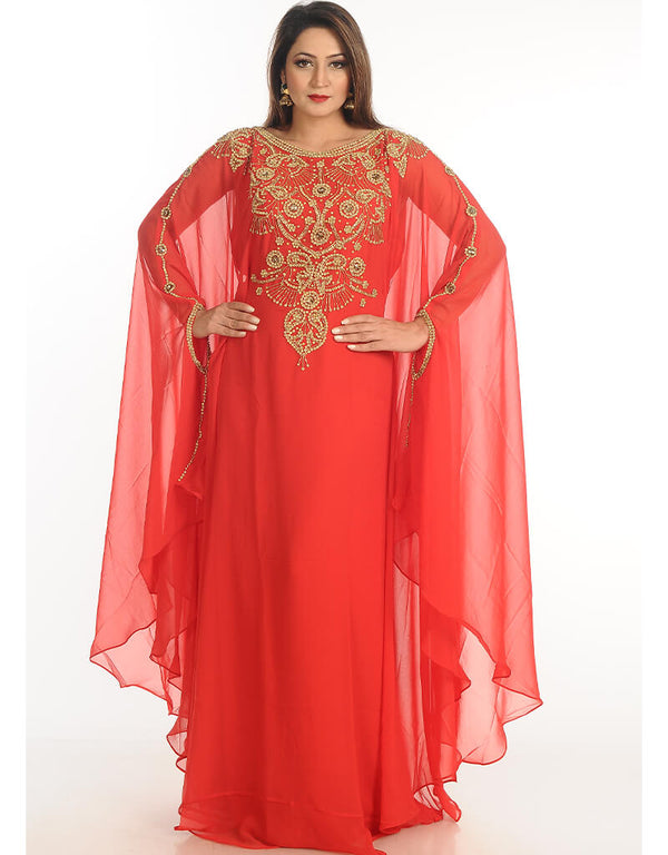 Dubai Red Georgette Hand Embroidery Party Wear Kaftan