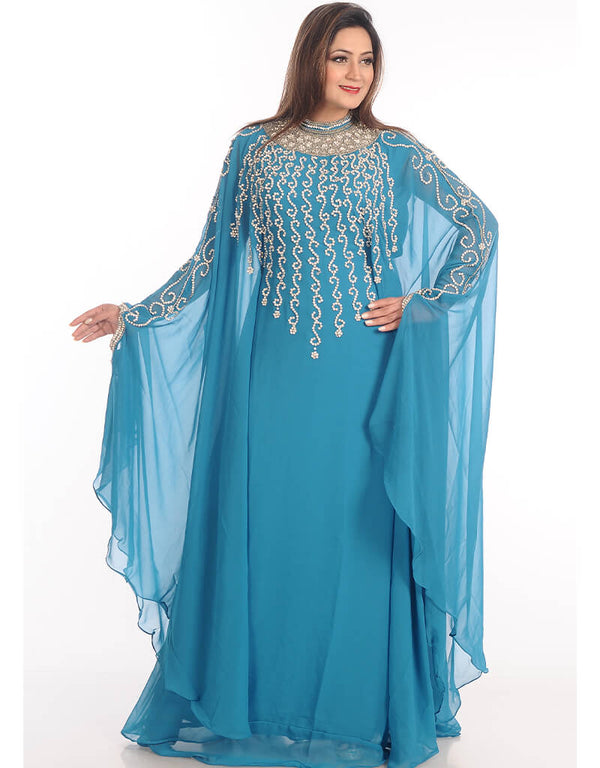 Muslim Firozi Blue Georgette Hand Embroidery Party Wear Kaftan