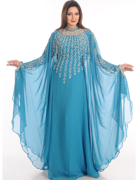 Muslim Firozi Blue Georgette Hand Embroidery Party Wear Kaftan