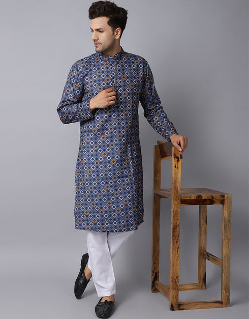 Readymade Men's Kurta Pyjama Navy Blue Kurta Slub Cotton Polyester Pajama Front View