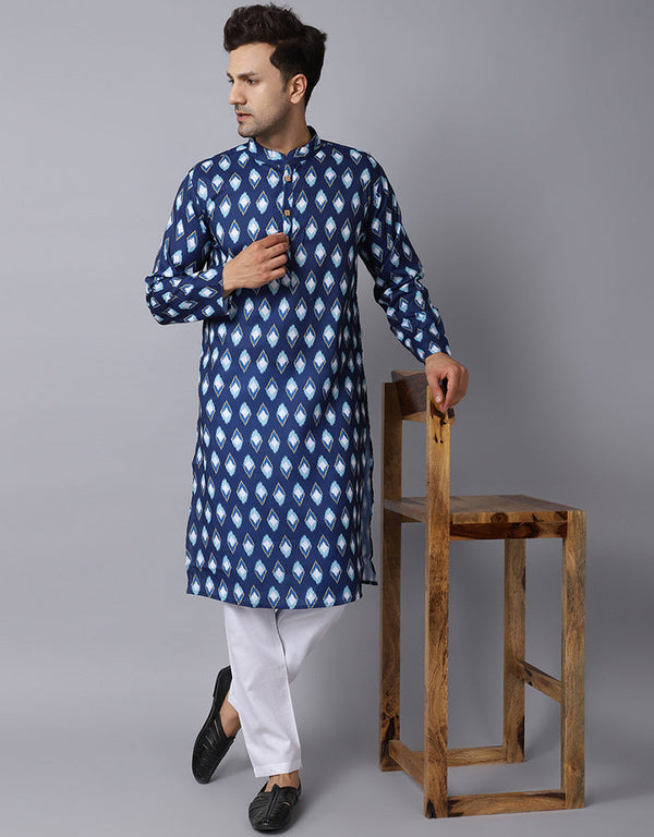 Readymade Men's Kurta Pyjama Blue Kurta Slub Cotton Polyester Pajama Front View