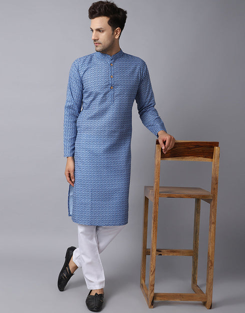 Readymade Men's Kurta Pyjama Blue Kurta Slub Cotton Polyester Pajama Front View