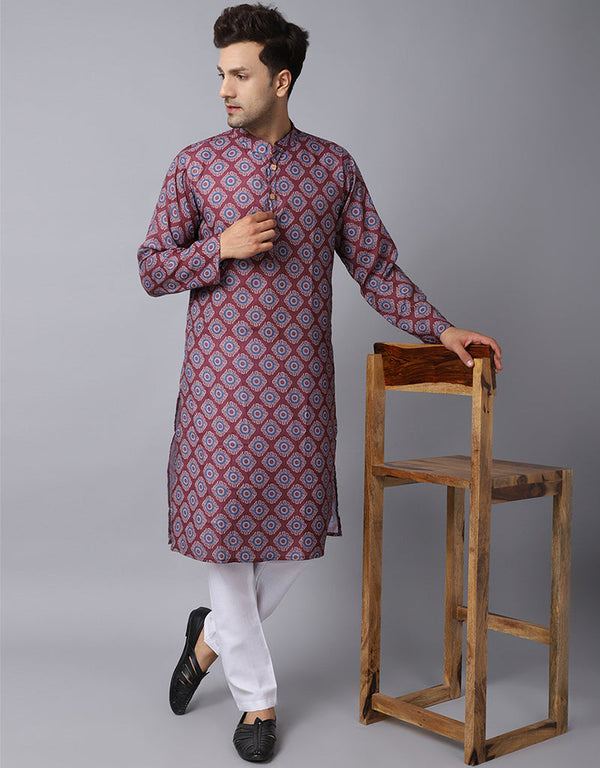 Readymade Men's Kurta Pyjama Maroon Kurta Slub Cotton Polyester Pajama Front View