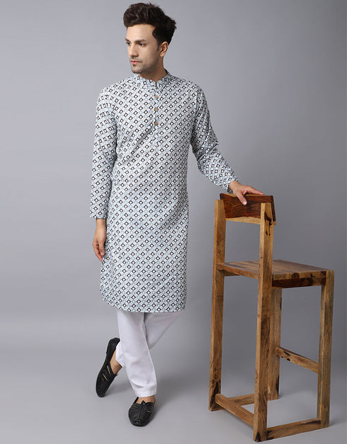 Readymade Men's Kurta Pyjama White Kurta Slub Cotton Polyester Pajama Front View