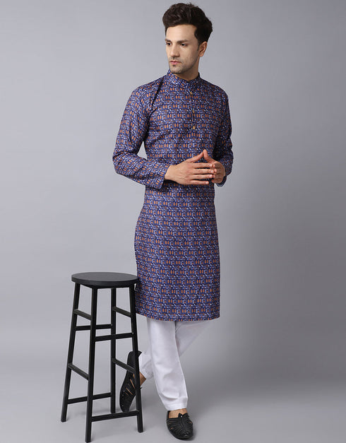 Readymade Men's Kurta Pyjama Blue Kurta Slub Cotton Polyester Pajama Front View