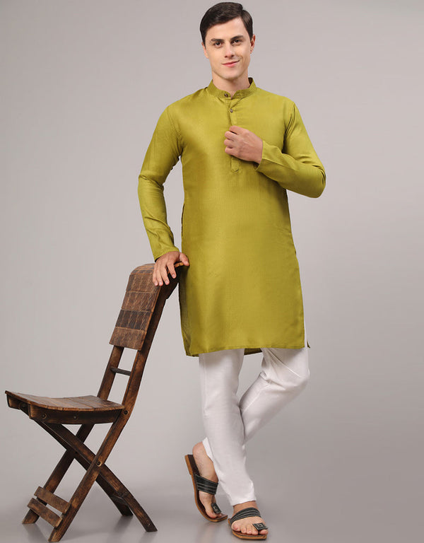 Readymade Men's Kurta Pyjama Mehendi Kurta Cotton Polyester Dobi Jacquard Pajama Front View